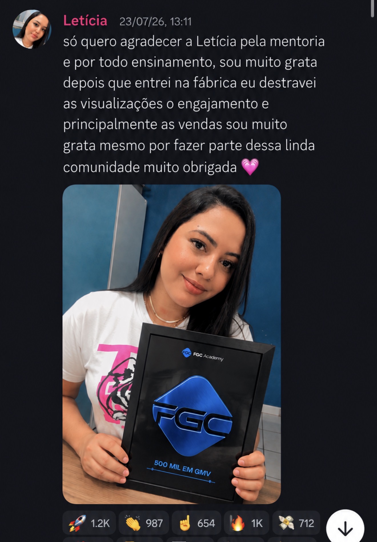 Resultado da aluna Letícia na FGC Academy