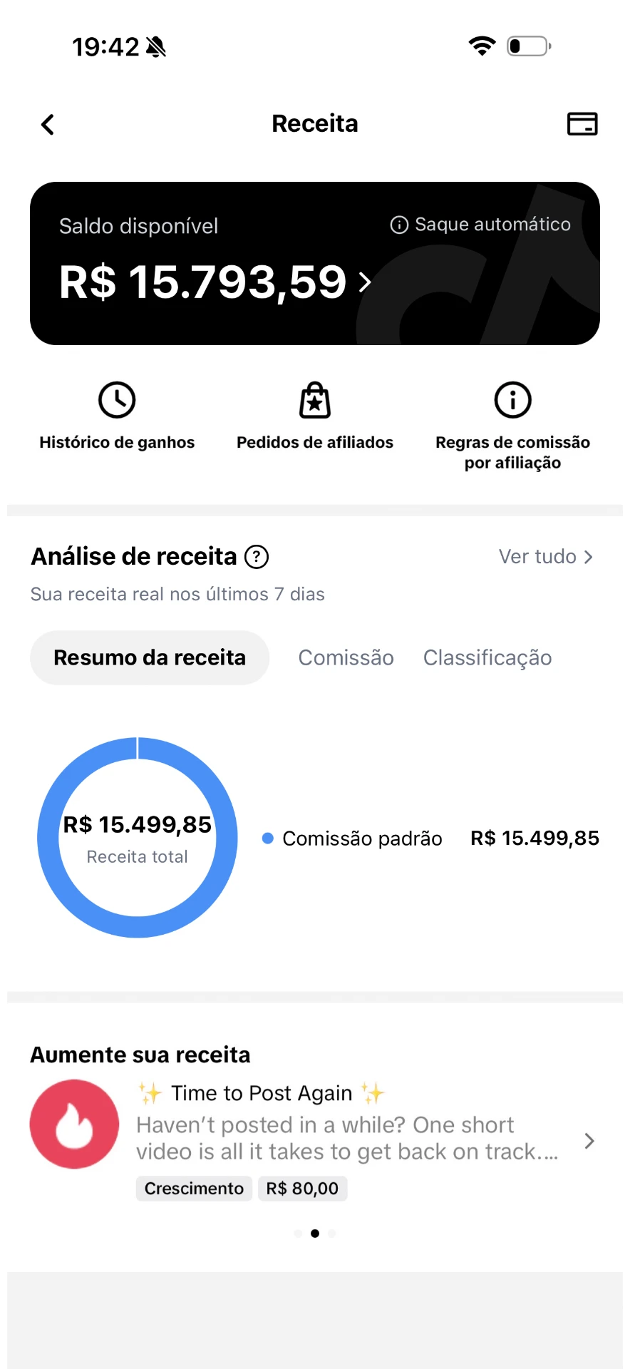 Saldo disponível de R$ 15.793,59 na conta TikTok Shop