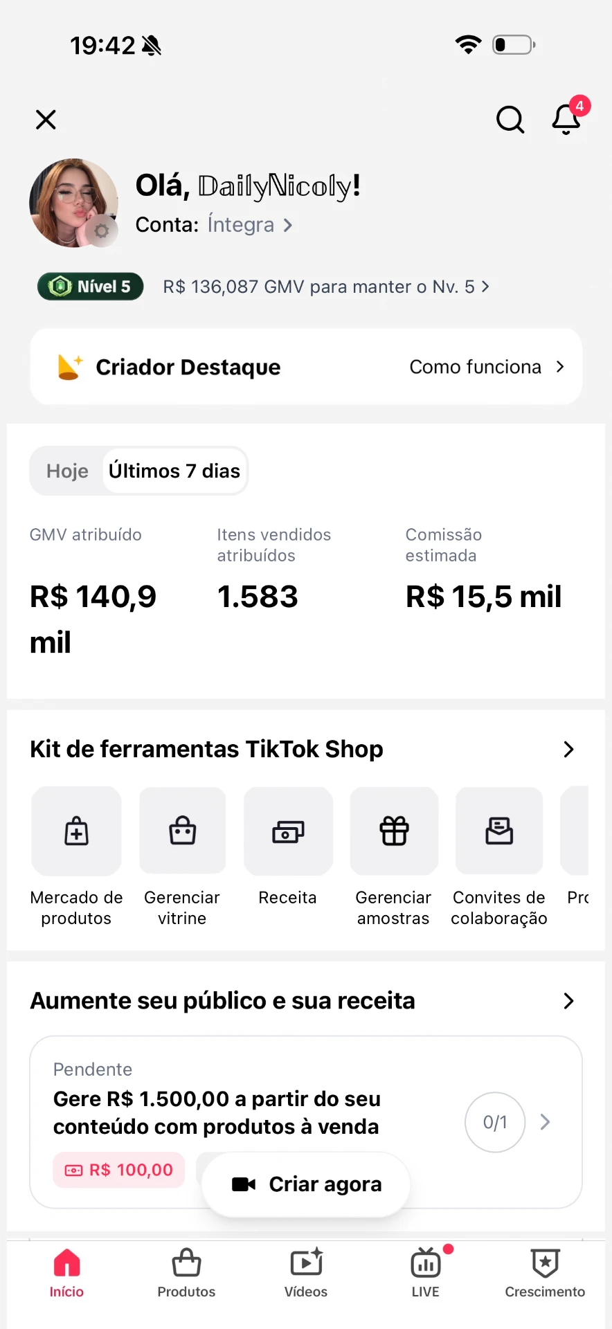 Comissão estimada de R$ 15,5 mil em 7 dias no TikTok Shop