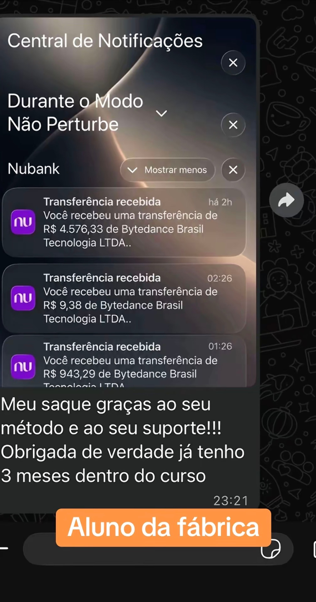 Depoimento e transferências recebidas por aluna